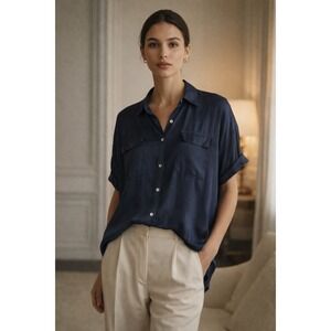 J.Jill Navy Blue 100% Modal Rayon Short Sleeve Button Down Shirt 2X Womens